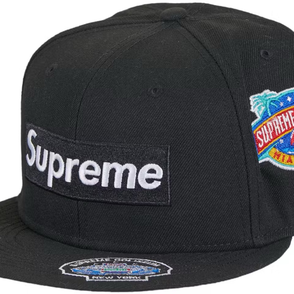 Supreme Box Logo Championships Patchwork Black Cap with Embroidered Patches